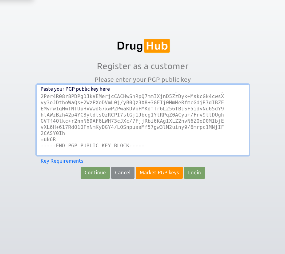 DrugHub Market registration window, 926x826 pixels, with input fields