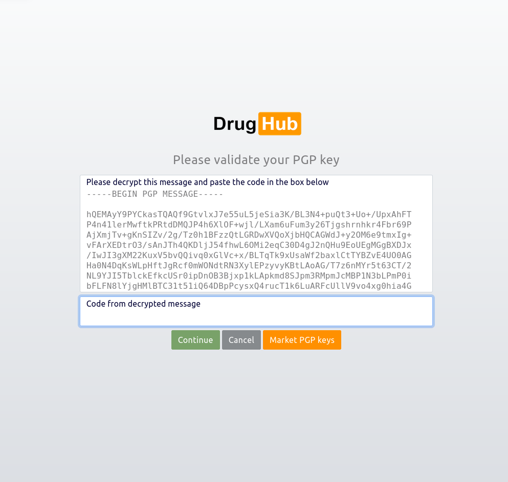 Encrypted message inside DrugHub Market interface, 993x943 pixels