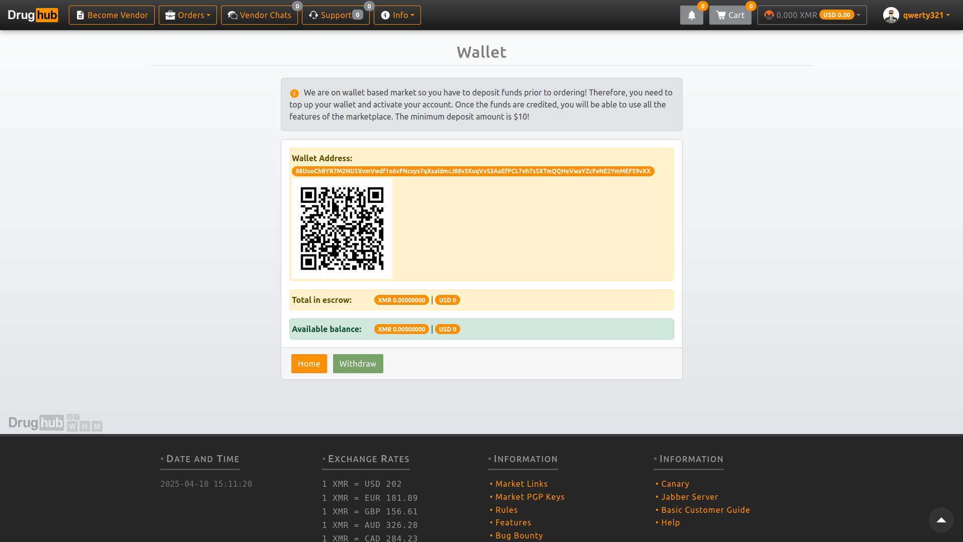 DrugHub Market wallet interface, 1917x1079 pixels, displaying Monero balance